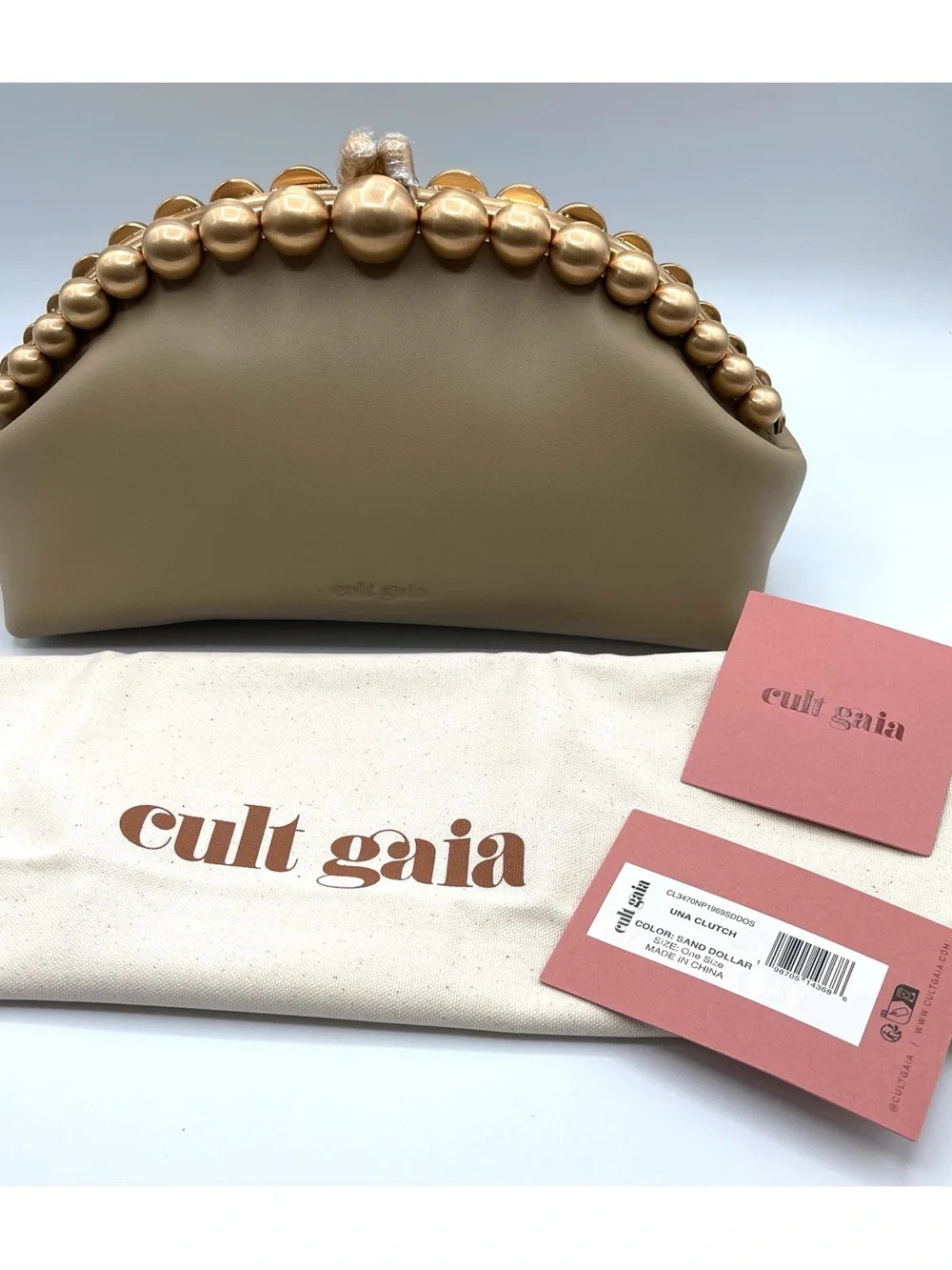 CULT GAIA Una Gold Pearl Detail Leather Sand Dollar Clutch - Picture 10 of 11